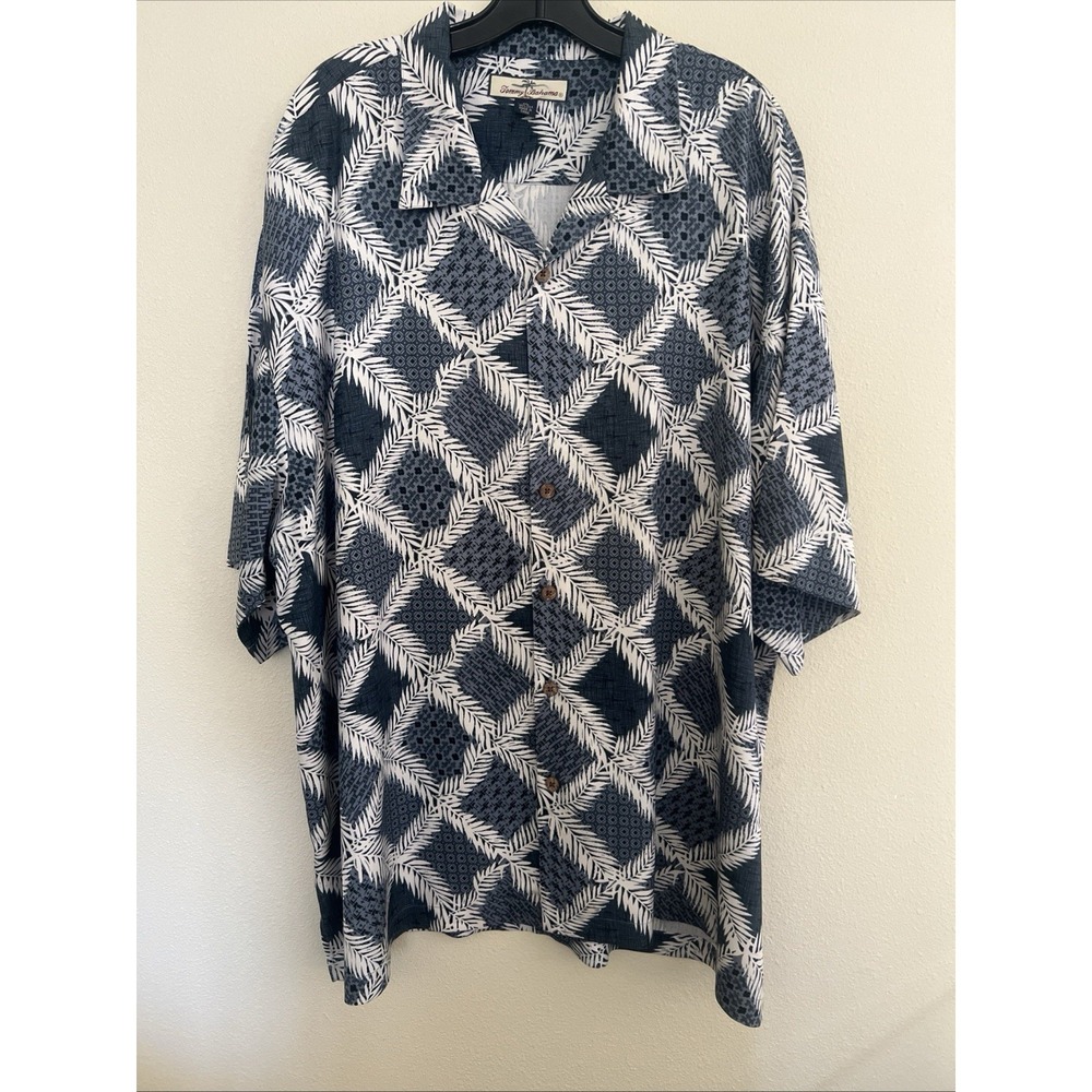 Tommy Bahama Silk Shirt Men XXL Black Gray Geometric Palm Button Up Short Sleeve
